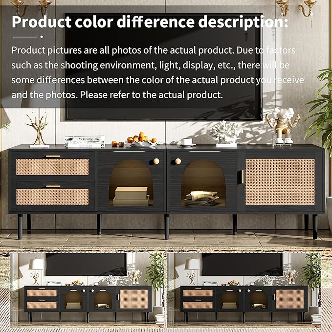 Merax Rattan TV Stand with LED Lights, Solid Wood Feet, Living Room, Bedroom
