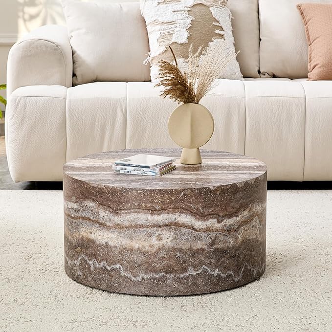 Round Coffee Table, 23.6" Modern Grey Faux Marble Drum Coffee Table, Round