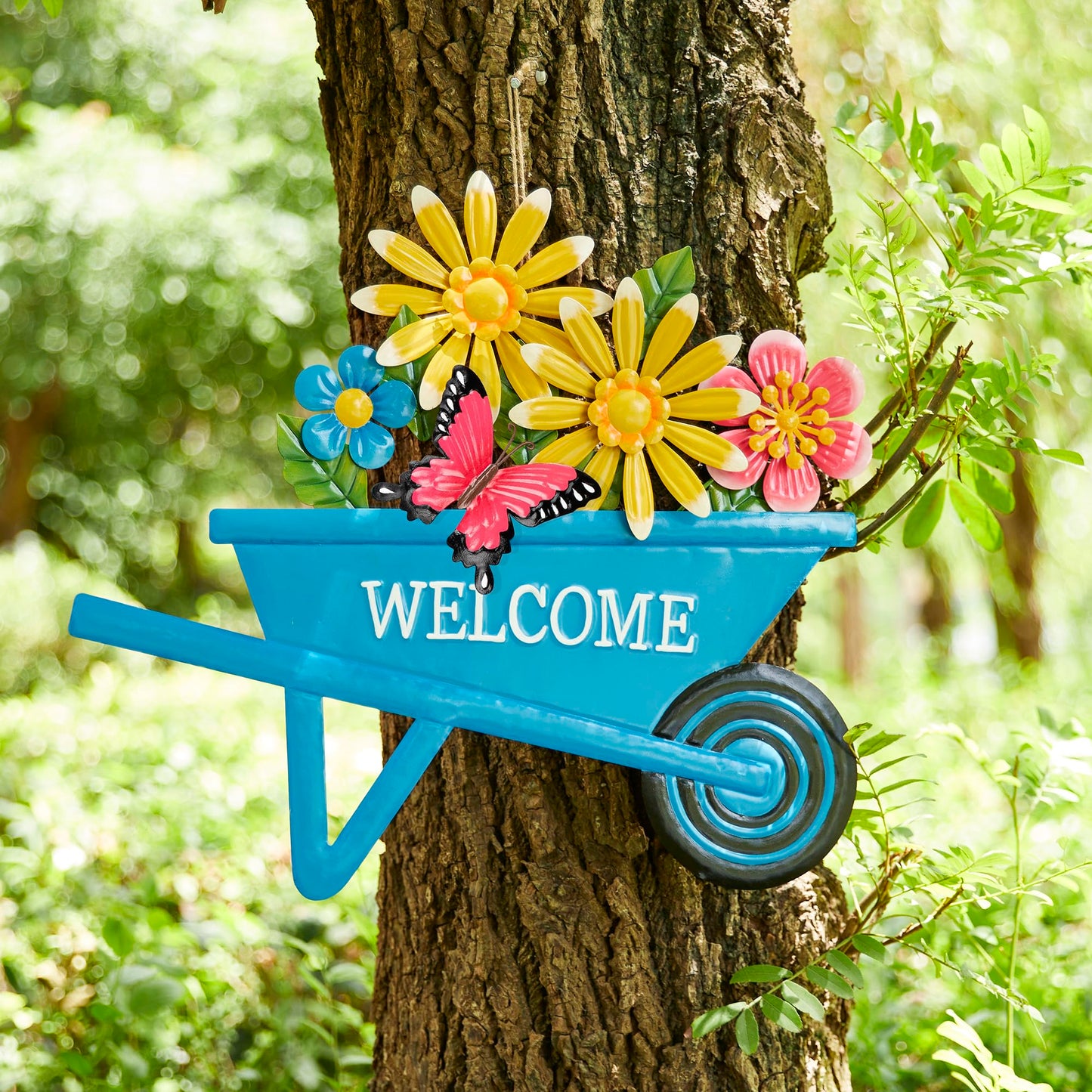 Glitzhome Cart Decorative Garden Stakes, Spring Metal Yard Decor with Lifelike Flower or Wall Decor, Flower Barrow Stake Garden Signs for Outside, 30” H