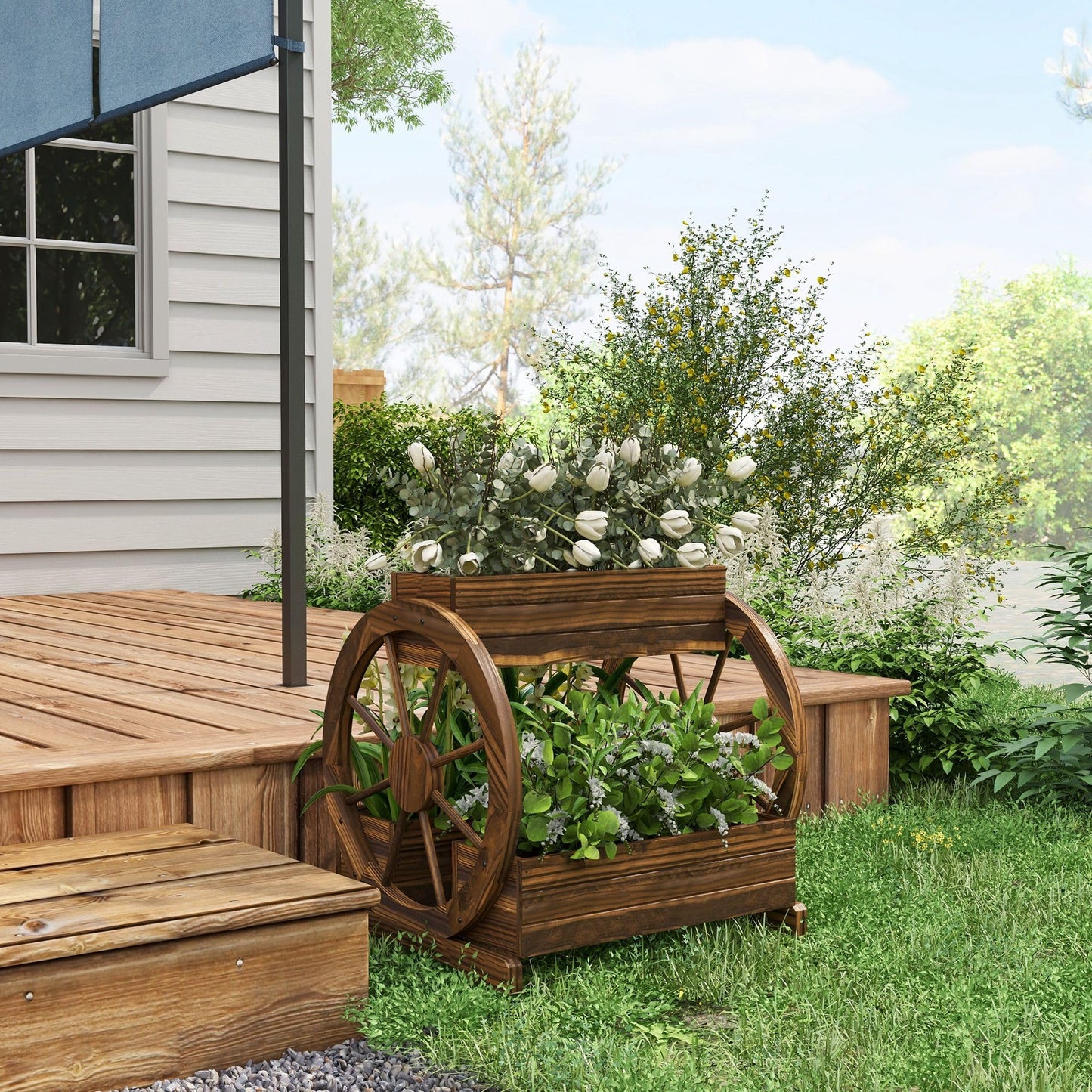 ZAVEROX 3-Tier Solid Wood Wagon Planter Box Raised Garden Bed Dimensions 25x21x24 Sturdy Exceptionally Durable Beige Brown Finish