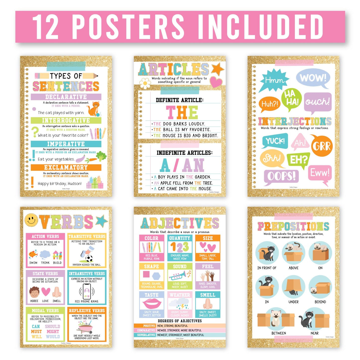 Parts of Speech Posters for Classroom Must Haves -12 Grammar Posters, Writing Process for Homeschool, Elementary & Middle School, ELA 3rd 4th & 5th Grade Teacher Must Haves, Gold Classroom Decor