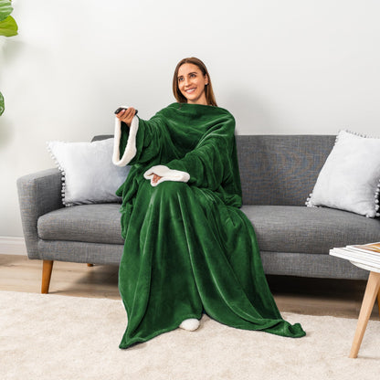 PAVILIA Wearable Blanket with Sleeves & Pocket for Women & Men, Soft Fleece Snuggle Throw with Sherpa Trim, Cozy TV Couch Robe, Gift Ideas for Mom & Wife, Dark Green