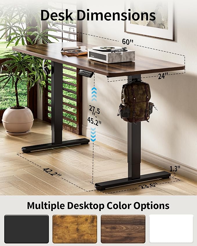 BIZUM Electric Standing Desk 60 x 24 Inch Computer Desk-Gaming Desk Dark Walnut