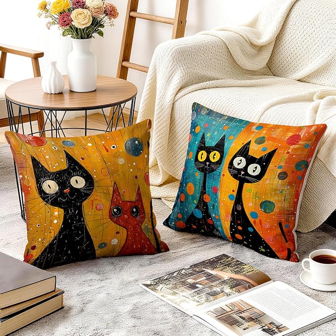 OBSEDE Black Cat Abstract Art Decorative Throw Pillow Covers 18 × 18 in