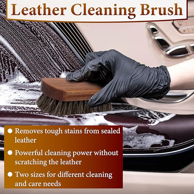 2 PCS Leather Brush Car Detailing, Horse Hair Brush, Car Cleaning Supplies
