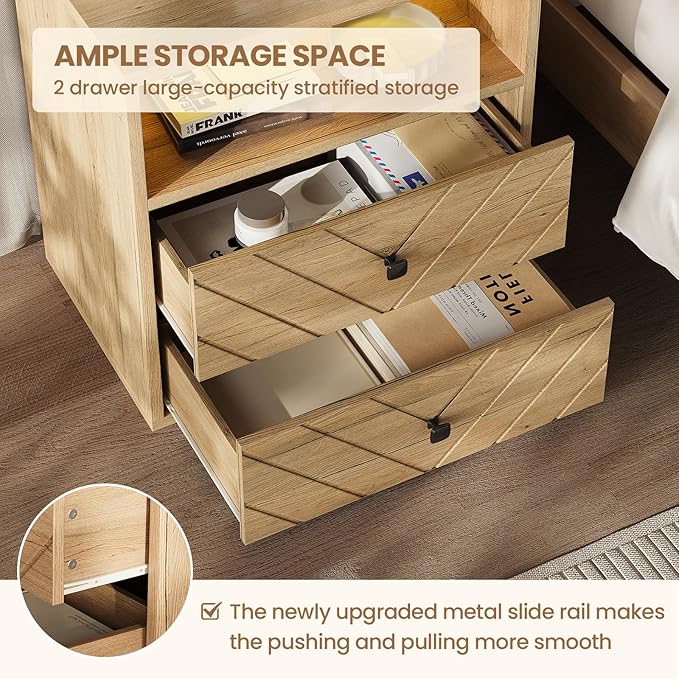 Modern Nightstand with Charging Station, LED Bedside Table with 2 Storage