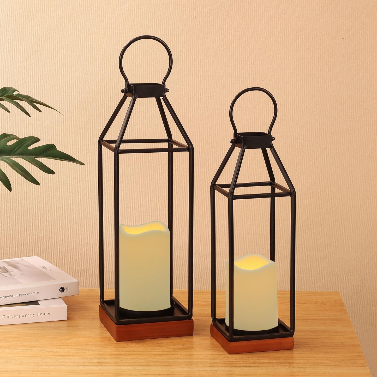 Perfnique Metal Lanterns w/ Pine Wood, Set of 2 Farmhouse Lantern Decorative w/ Waterproof Flameless Candle & Remote Timer, Modern Farmhouse Candle Holder for Outdoor, Porch, Fireplace(Wood Base)