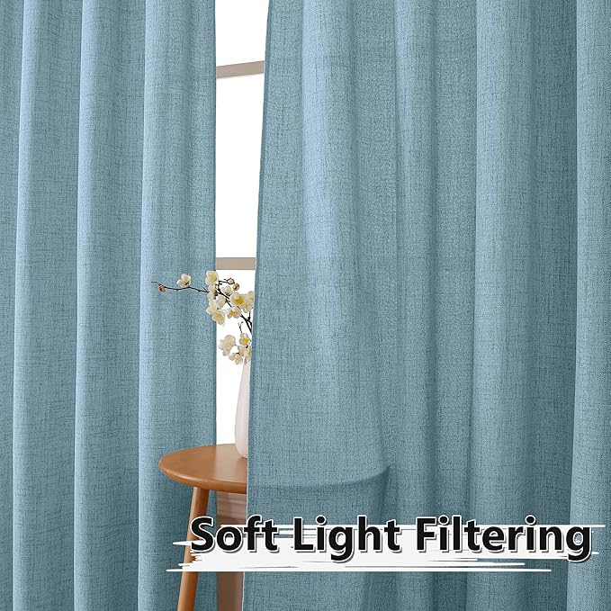 Tollpiz Short Linen Curtain Living Room Rod Pocket Semi Sheer Curtains Burlap Light Filtering Thick Linen Drape for Bedroom, 54 x 45 inches Long, Dusty Blue, Set of 2 Panels