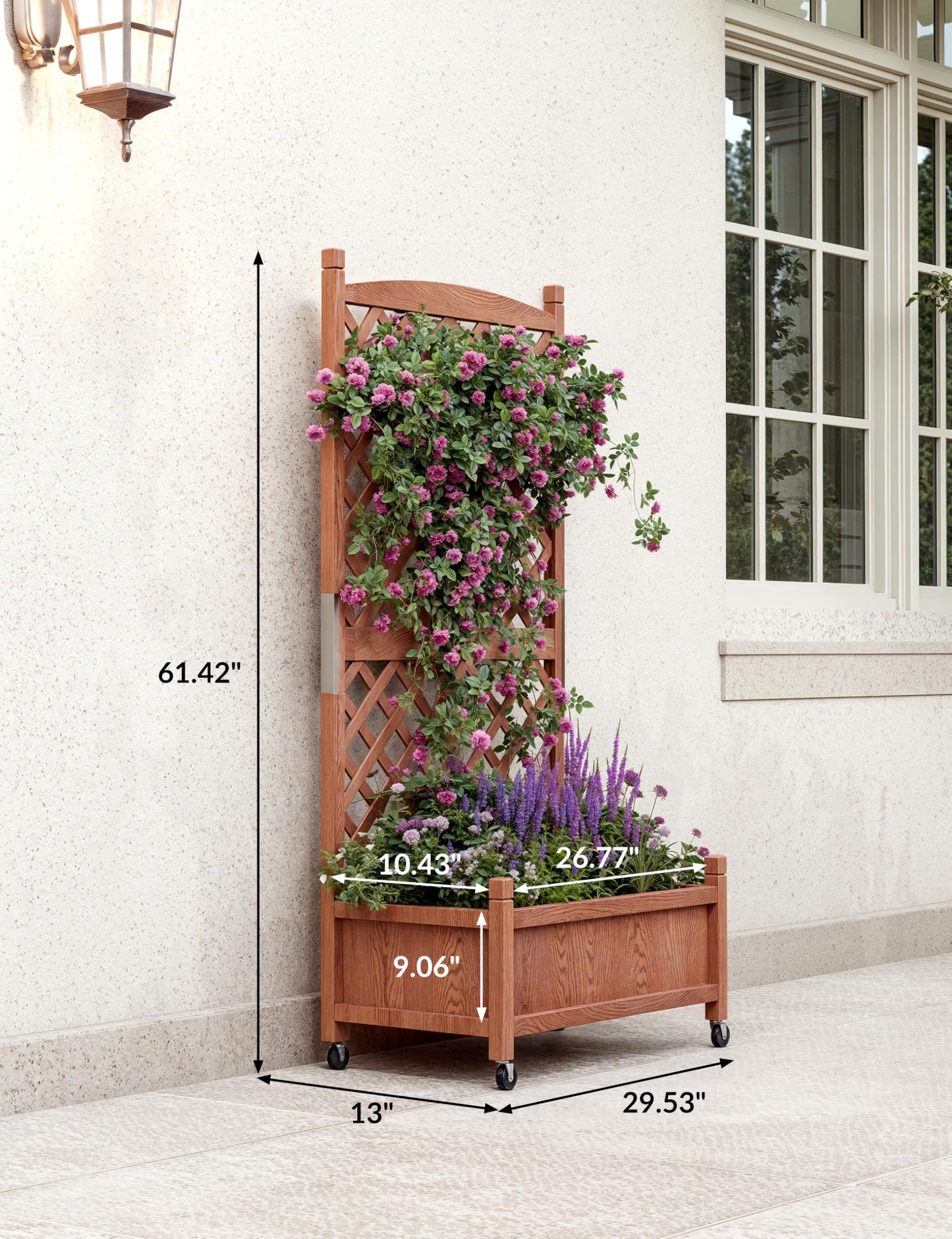 29.5 in x 13 in x 61.5 in Wood Planter Box With Trellis For Plant & Flower, Raised Garden Bed With Wheels, Standing Vertical Horticulture Trellis Planter With Drainage Holes for Patio Garden, 2PCS