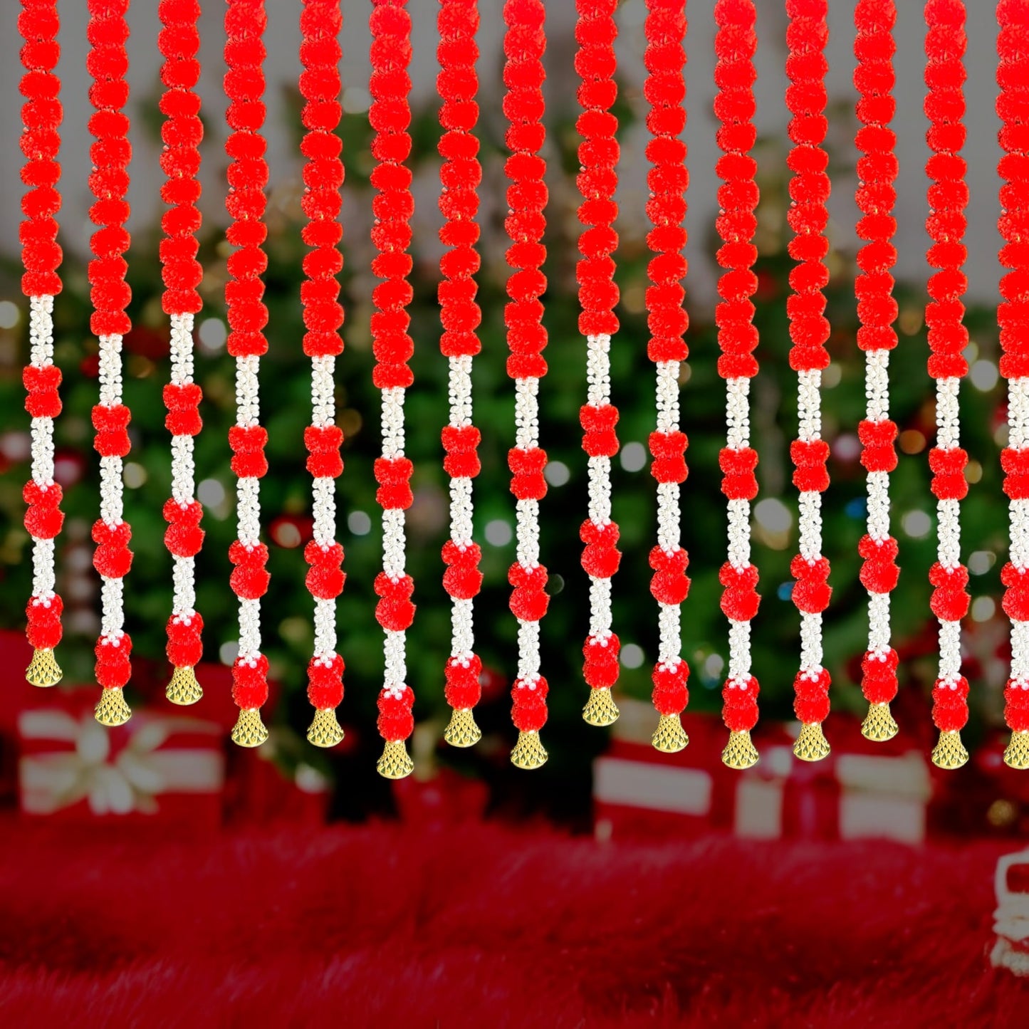Rajasthan Kraft Pack of 5, Artificial Red Marigold Garland with Jasmine & Bell, 55 Inch Decorative Flower Strings for Home, Diwali, Pooja, Housewarming, Festival & Christmas Decor