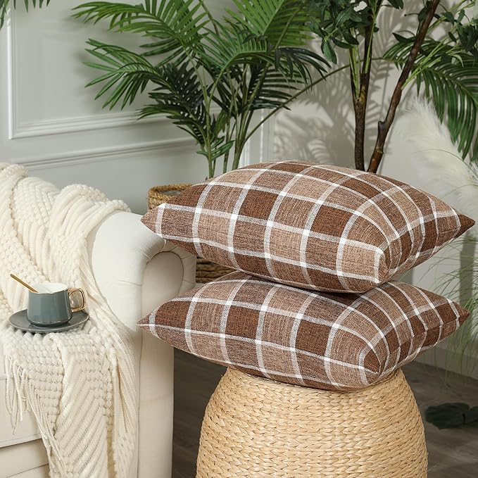 Stellhome Pack of 2 Linen Buffalo Check Throw Pillow Covers, Farmhouse Plaid