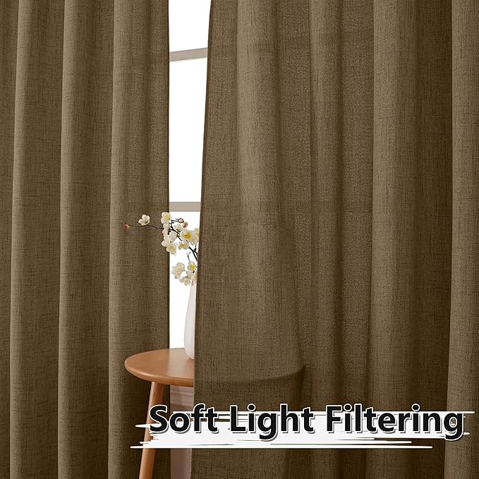 Tollpiz Linen Curtains Bedroom Rod Pocket Semi Sheer Curtain Burlap Light Filtering Thick Linen Drapes for Living Room, 54 x 84 inches Long, Brown, Set of 2 Panels