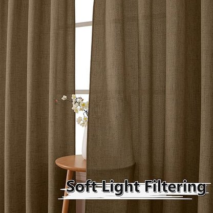 Tollpiz Linen Curtains Bedroom Rod Pocket Semi Sheer Curtain Burlap Light Filtering Thick Linen Drapes for Living Room, 54 x 84 inches Long, Brown, Set of 2 Panels