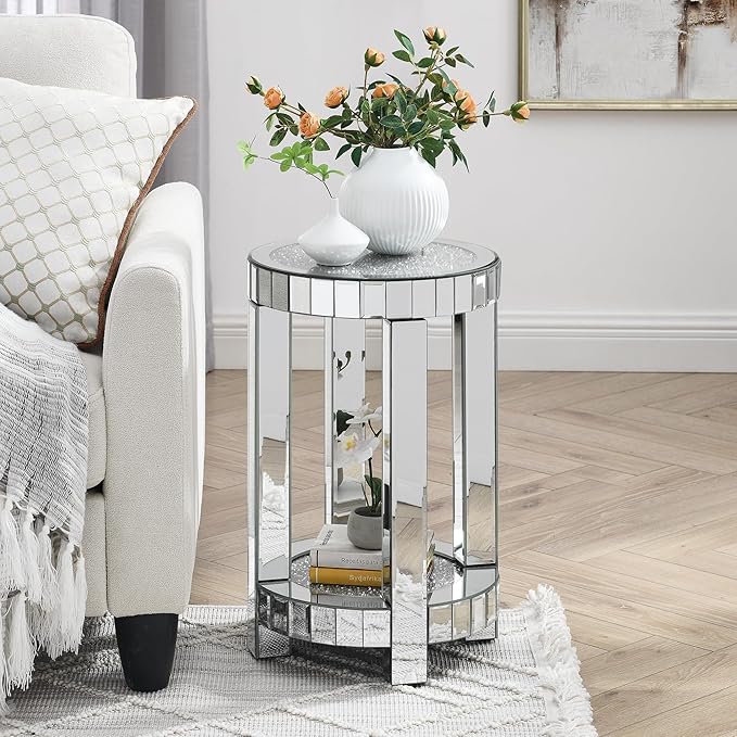 Mirrored Round End Table with Crystal, 2-Layer Modern Small Sofa Table with