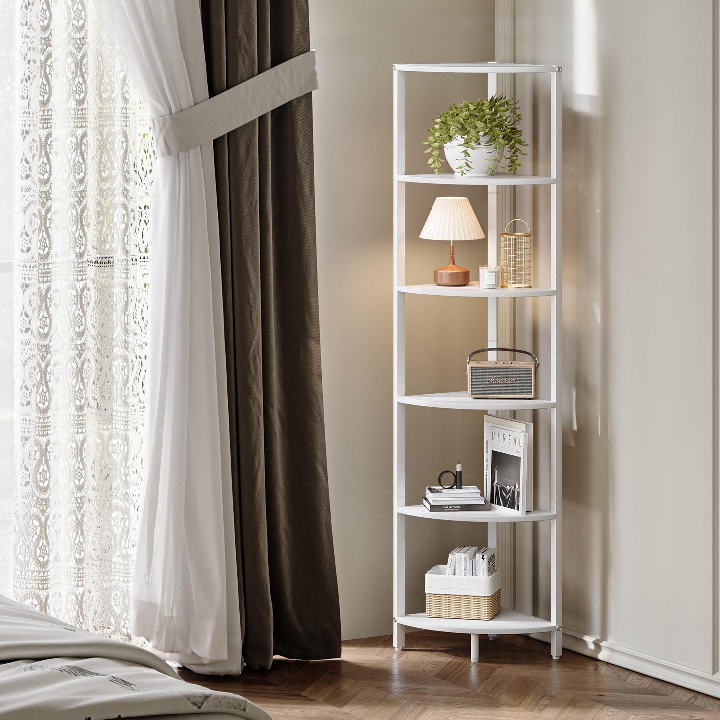 IRCPEN 6 Tier Corner Shelf 63.1" Tall Corner Shelves Stand Ladder Shelf Metal Standing Bookshelf Organizer Display Rack Bookcase Plant Stand Industrial Rustic for Living Room Bedroom White CS-001W1