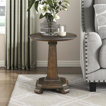Lexicon 22 Dia. Round End Table, Wood Side Table with Sturdy Pedestal Leg, Cherry Veneer Accent Nightstand with for Small Spaces, Living Room, Bedroom, Entryway, Easy Assembly, Brown
