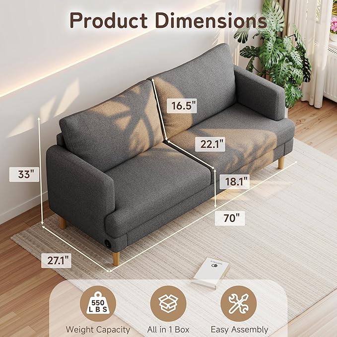 70" Modern Loveseat Sofa with USB Type-C Ports, Linen Fabric 2-Seater Deep Seat