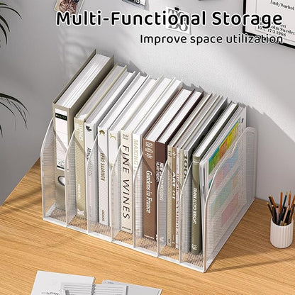 FANXIYQ White 7-Section File Folder Organizer for Desk – Metal Vertical File Holder, Desktop File Organizer Vertical Stand, Letter/A4 Folder Rack, Upright File Sorter, Office Paper Organizer