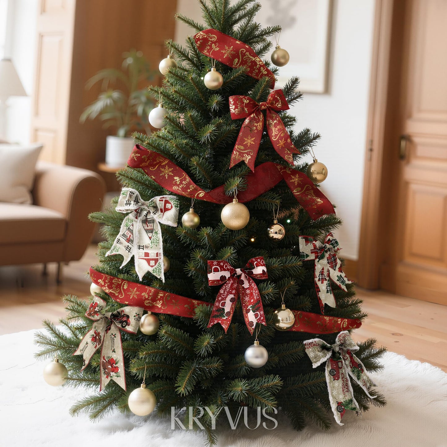 Kryvus Christmas Wired Ribbon, 2.5 Inch x 10 Yards, Natural Linen Ribbon with Gold Wired Edge for Wreaths, Gift Wrapping, Christmas Tree Decorations and Holiday Crafts (Bus)