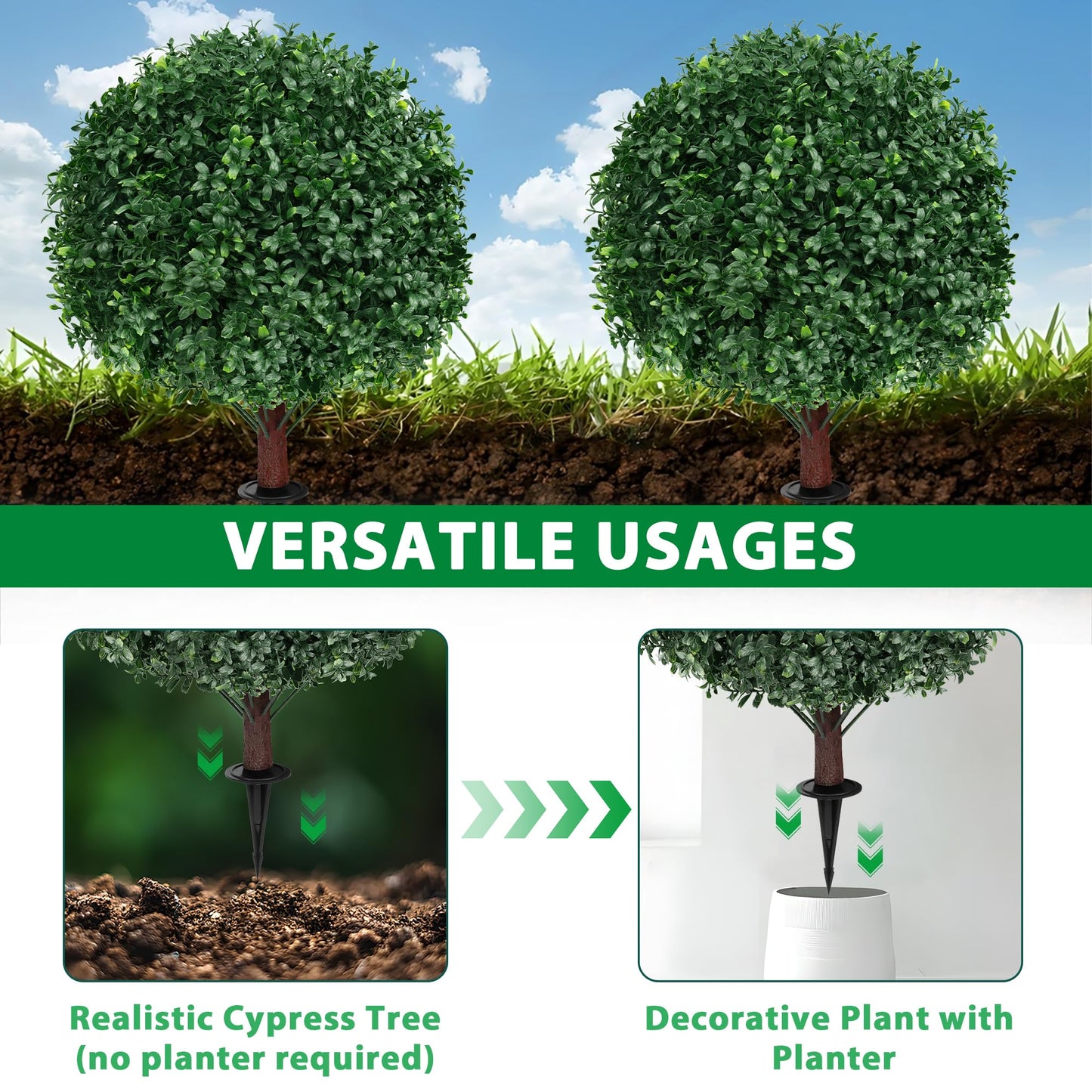 Grooy Artificial Boxwood Topiary Ball Tree with Ground Spike, Set of 2 Artificial Shrub Bushes, Fake Evergreen Tree for Porch, Artificial Plants for Outdoor Planters Indoor UV Resistant