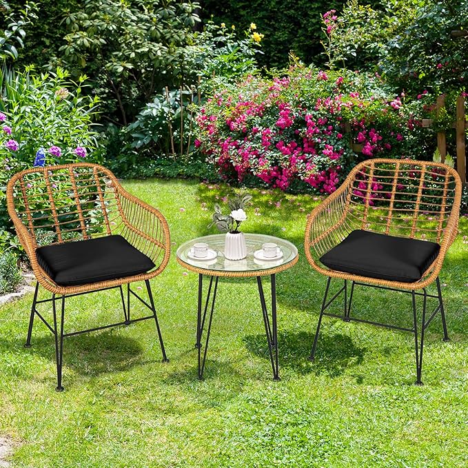 Tangkula 3 Pieces Patio Bistro Set, Rattan Conversation Set