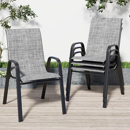 Patio Chairs Set of 4, Stackable Outdoor Dining Chairs for All Weather Textilene Fabric & Metal Frame, Outdoor Chairs Set for Backyard Deck Garden (Grey, Set of 4)