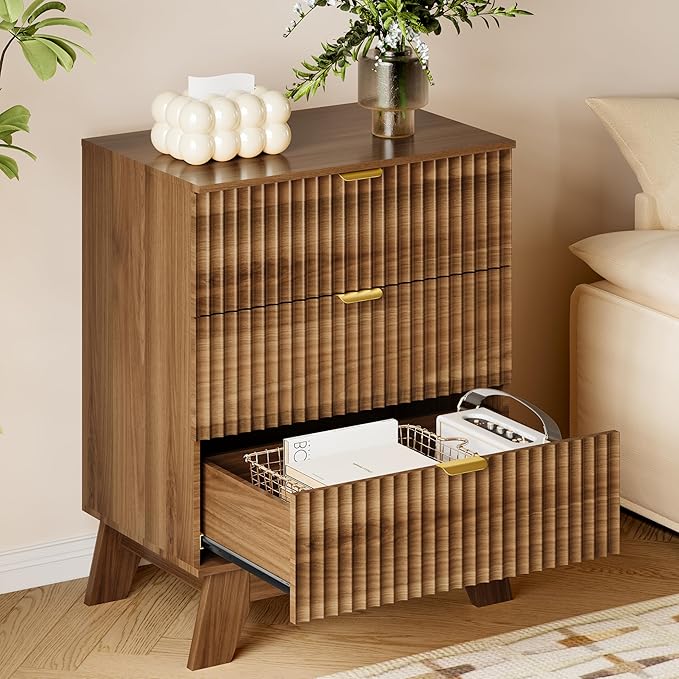 BORNOON Fluted 3 Drawer Dresser, 30.3" Tall Compact Modern Boho Chest of Drawers