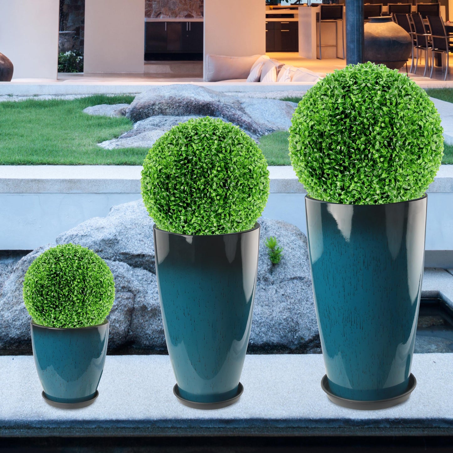 Goldshire 24-21-11 Inch Tall Planters Set of 3, Indoor Outdoor Blue Glossy Round Planter with Drainage Hole and Saucer, Large Decorative Plant Pots for Home Garden Porch (Blue)
