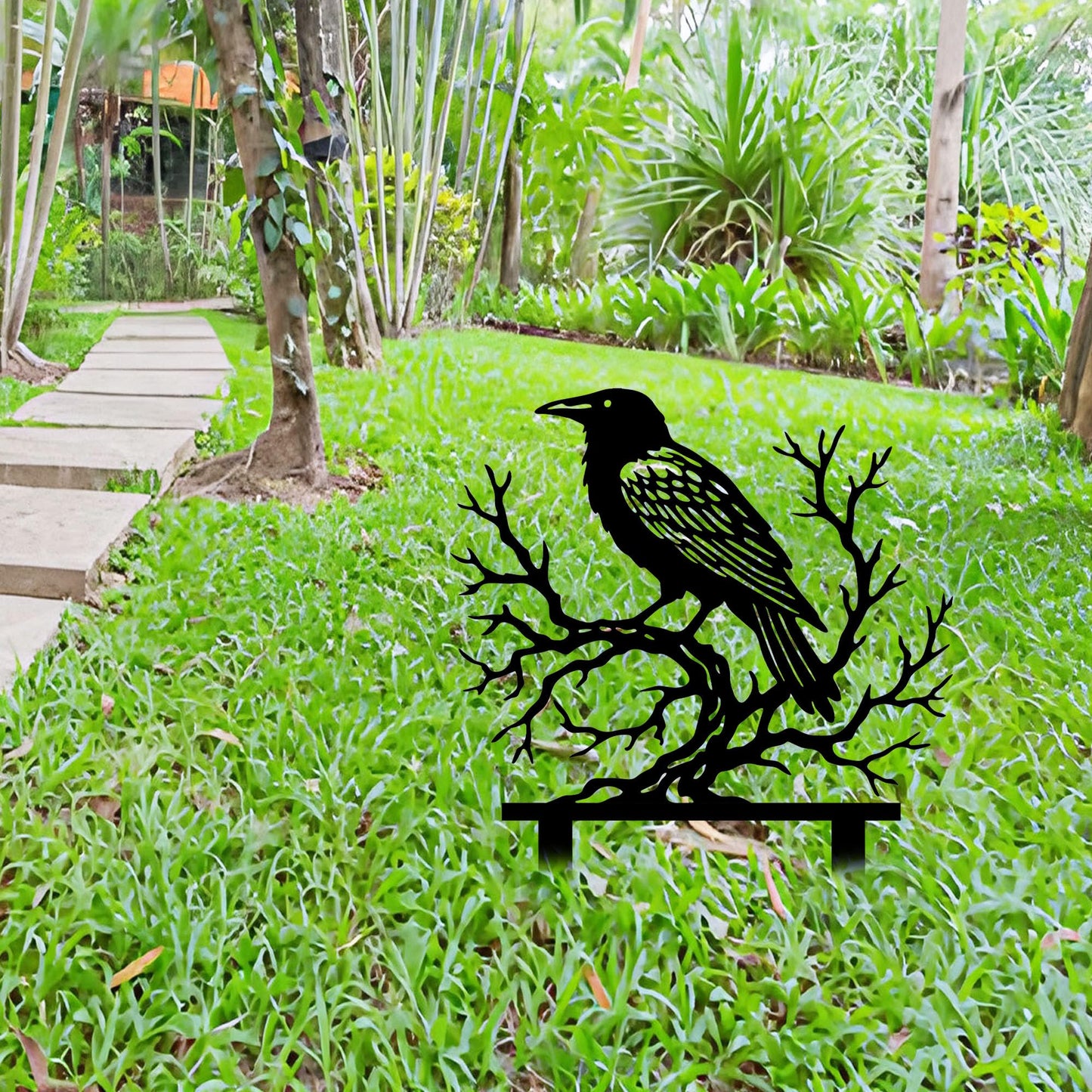 Aucizb Crow Tree Branch Metal Garden Stake Decor-Bird Silhouette Statue Yard Art for Patio,Outside,Lawn,Park,Farmhouse, Halloween Unique Gift (Black)