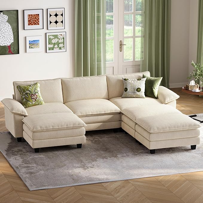 LINSY HOME 123" Modular Sectional Sofa, 3-Seat Corduroy Modern Cloud Couch