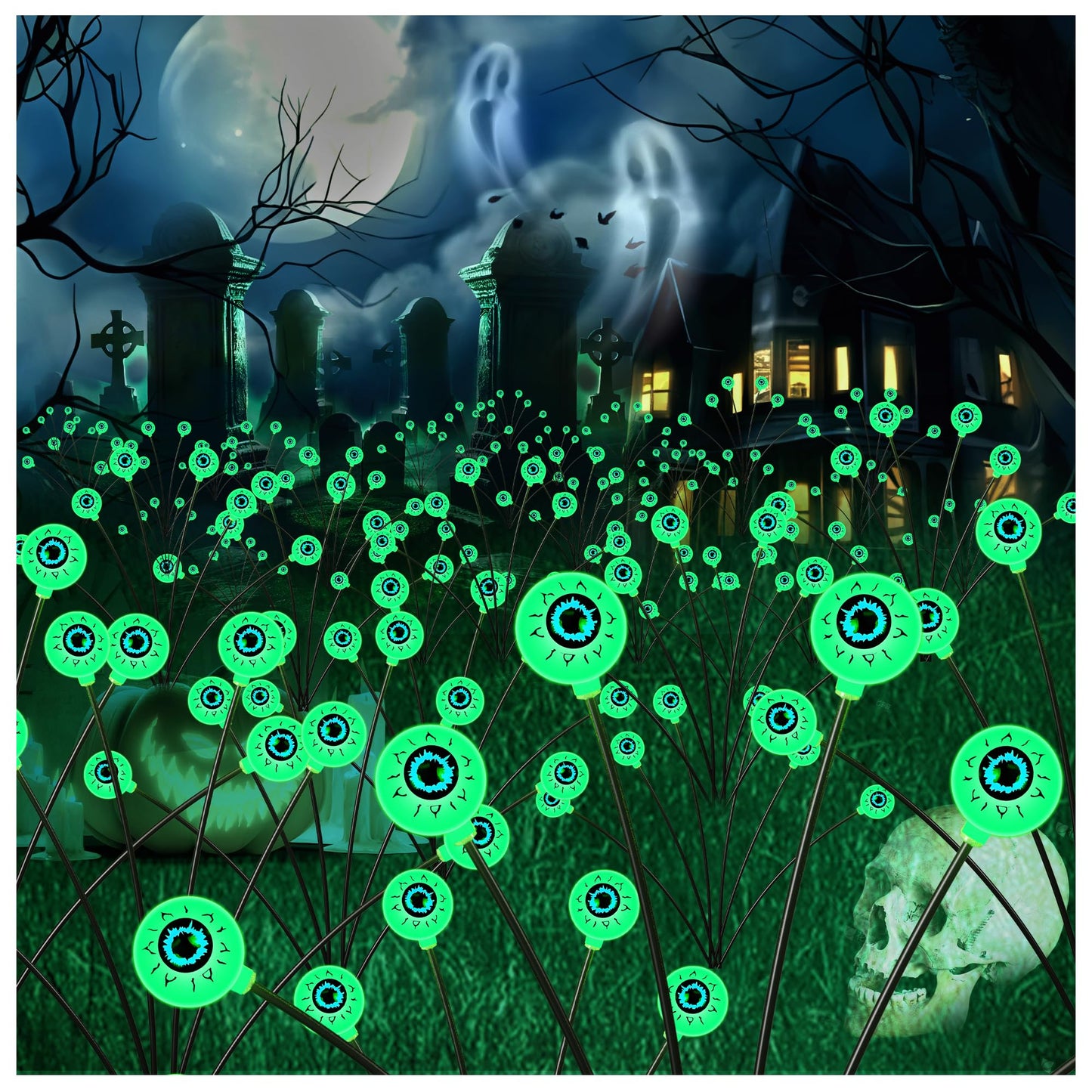 hyrion Halloween Decorations Outdoor Solar Eyeball Lights, 4 Packs 24LED Scary Eyeball Swaying Firefly Lights, 8 Mode Waterproof Green Halloween for Outside Path Yard Garden Lawn