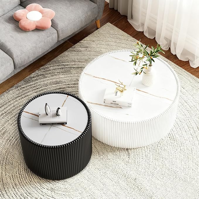 SSLine Round Drum Coffee Table Set of 2 Modern Sintered Stone Top Nesting