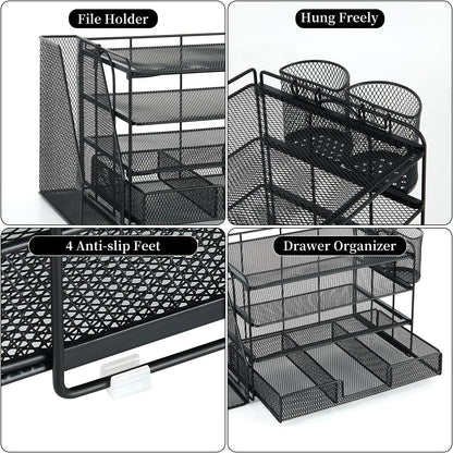 gianotter Desk Organizers and Accessories with File Holder, 4-Tier Desk Accessories & Workspace Organizers with Drawer and 2 Pen Holder, Paper Organizer for Office Supplies (Black)
