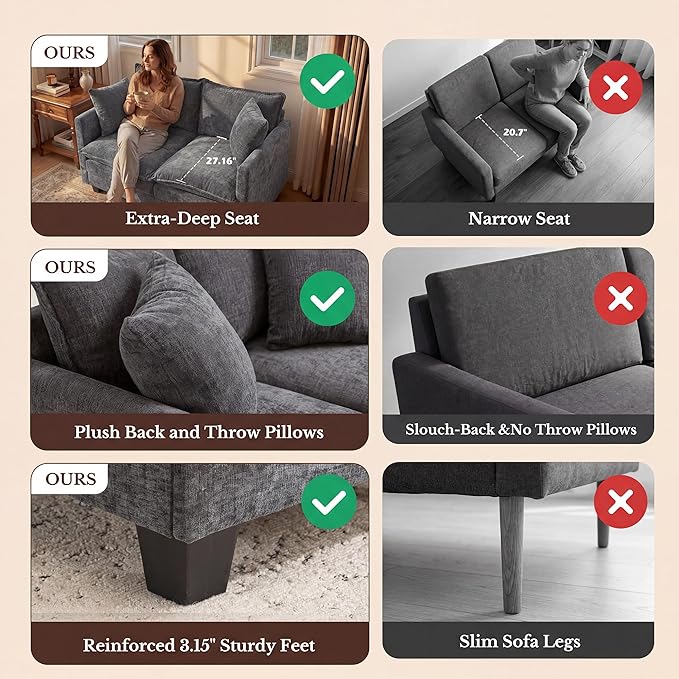 Loveseat Sofa with Cloud 3-Layer Cushion & 27" Deep Seat, Modern Love Seat