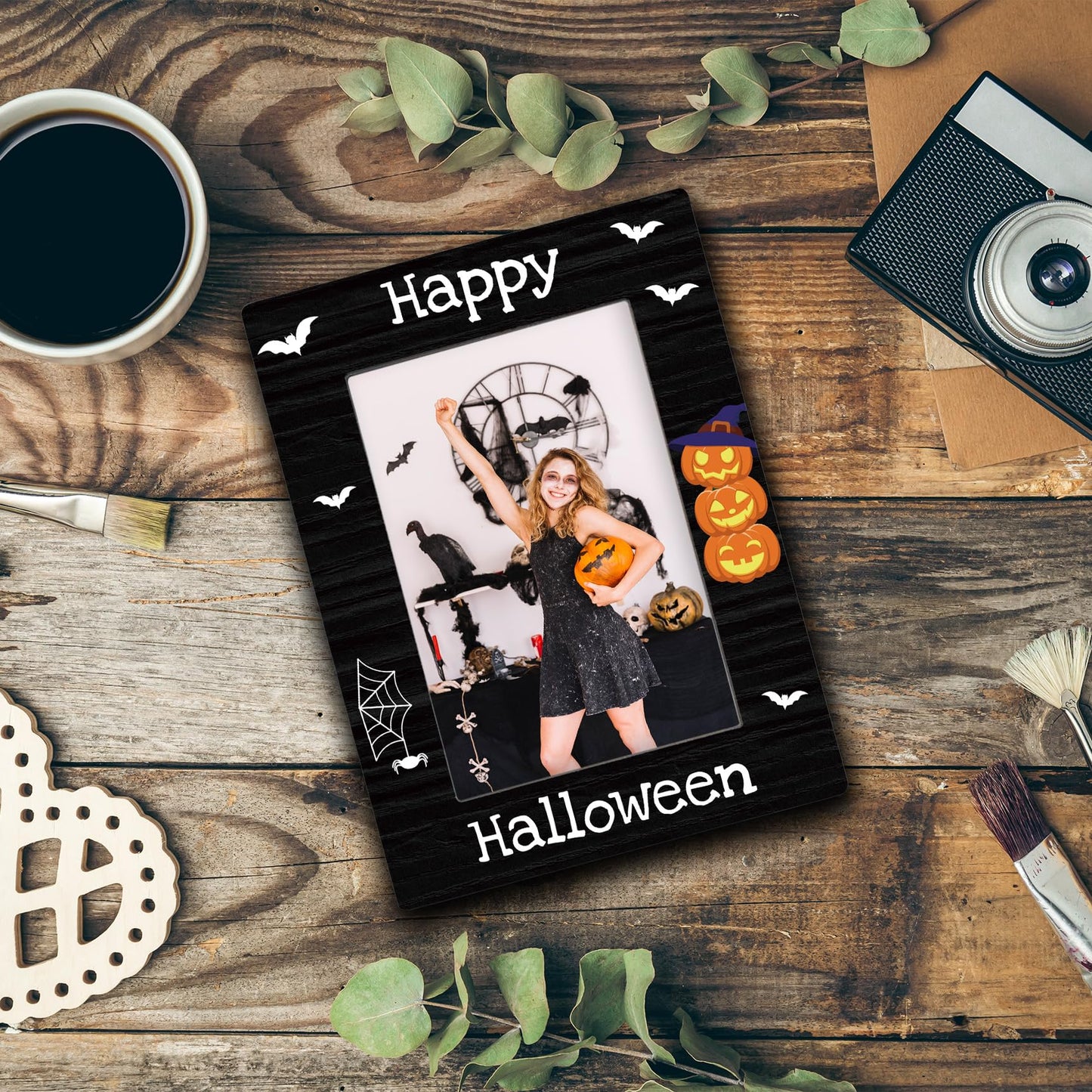 DUXMNAMG Happy Halloween 4x6 Picture Frame, Spooky Gothic Pumpkin Bat Photo Frame, Autumn Fall Halloween Gifts for Kids Women Men, Black Gothic Spooky Photo Frames for Desk Shelf Decor