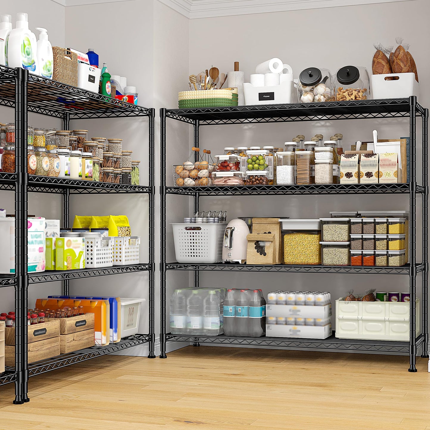 45 "W Metal Shelving Unit 4 Tier Storage Shelves Adjustable Wire Shelving Metal Shelf Pantry Shelves Wire Rack Commercial Shelving for Kitchen Pantry Utility Room Garage 45 "W x 59.4 "Hx 13.5" D Black