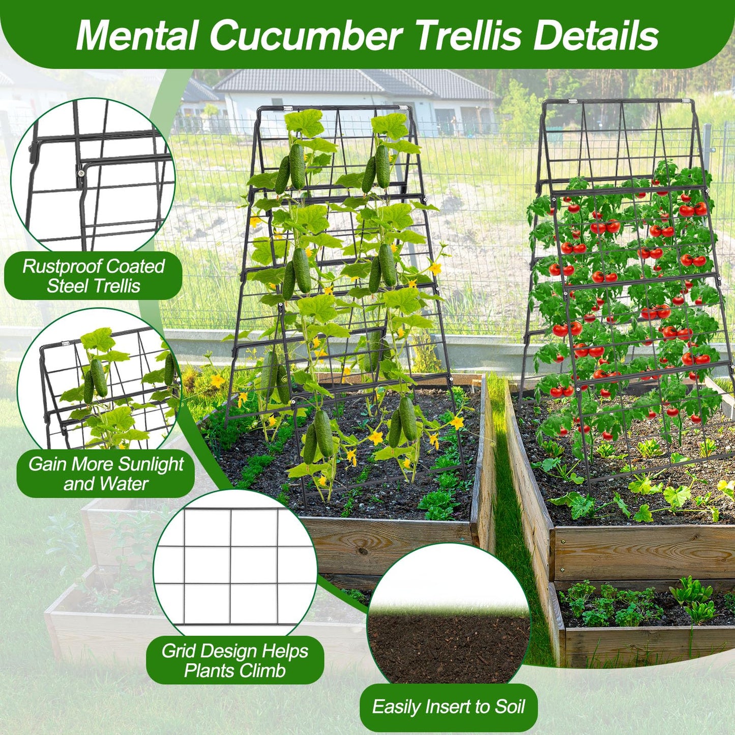 Cucumber Trellis for Raised Bed A Frame Metal Garden Trellis for Climbing Plants Outdoor, 42 x 16IN Foldable Coated Steel Cucumbers Trelli, Easy to Install Cucumber Trellis for Vegetable Fruit
