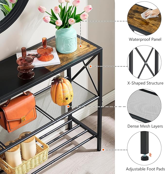Hoctieon Industrial Console Table, 3 Tier Entryway Table, Hallway Table