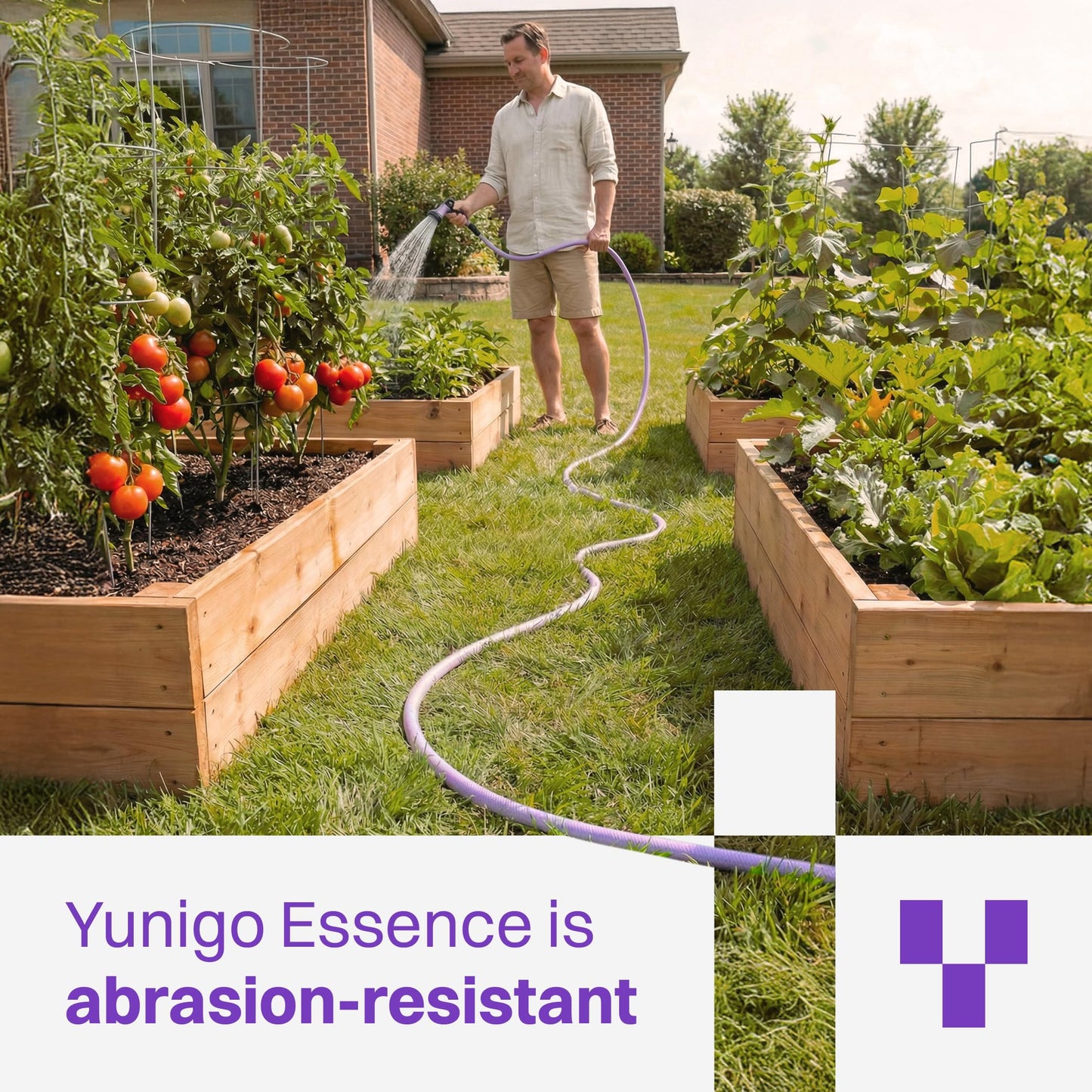 YUNIGO ESSENCE 5/8" 100ft Hybrid Purple Garden Hose – No-Kink Abrasion-Resistant with Durable Aluminum Fittings & Spray Nozzle, Ideal for Intensive Home & Garden Watering
