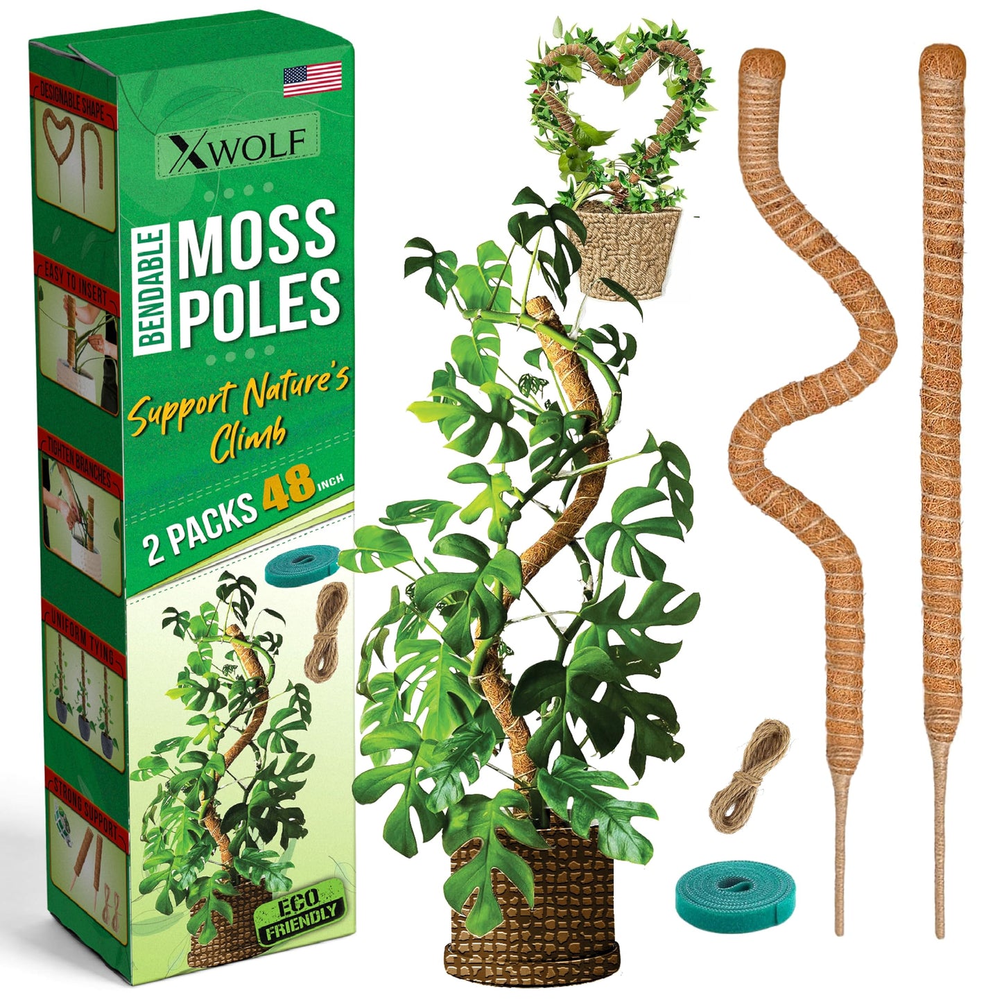 2 Pack 48 Inch Bendable Moss Pole Monstera Plant Support for Climbing Indoor Plants, Tall Coir Plant Pole Sticks & Plant Stakes for Pothos, Philodendron & Potted Plants, Includes Plant Ties