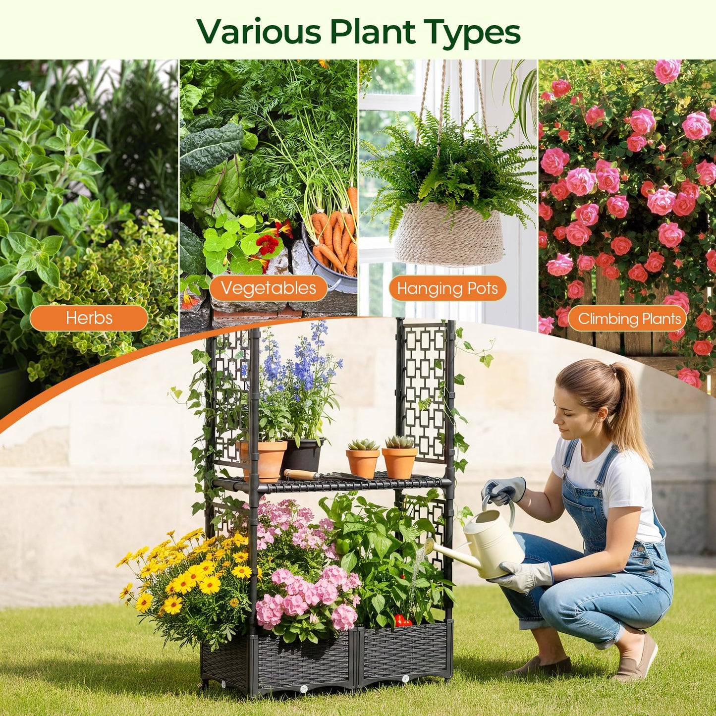 MQHUAYU 71"x16"x32" Planter Box with Trellis, 3-in-1 Self-Watering Planter Box with Wheels for Patio,Raised Garden Bed with Trellis, Drainage Holes & Metal Storage Rack for Vine Climbing Plants
