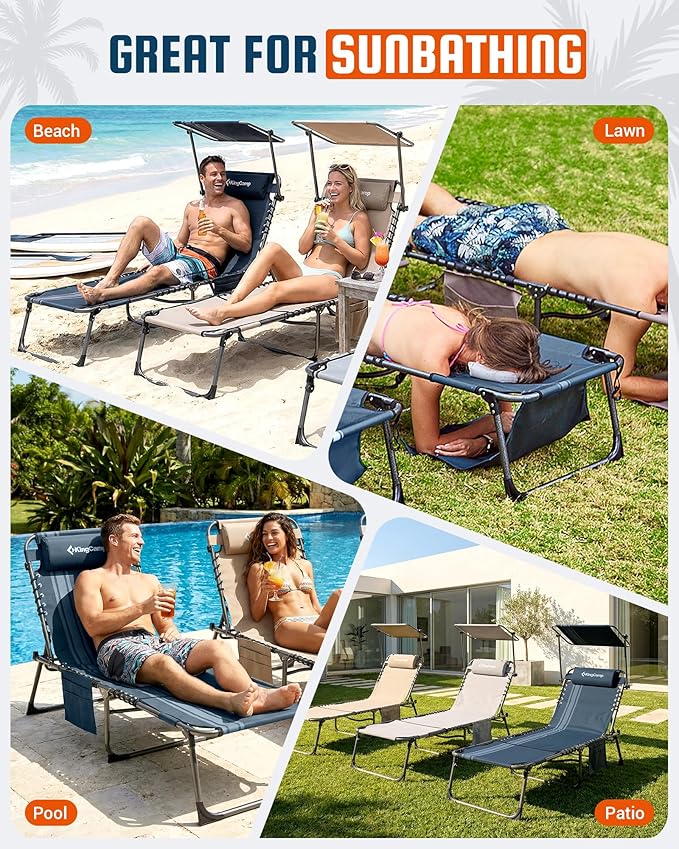 KingCamp Lounge Chair with face Hole & Canopy Shade, 400LBS Folding Portable