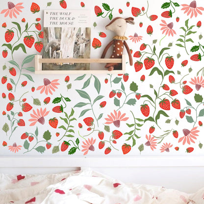 Strawberry Wall Decals Berry Fruit Wall Stickers Floral Leaf Fruits Leaves Stickers Cute Strawberries Wall Sticker Removable Berries Strawberry Decals for Nursery Girls Room Bedroom Decor