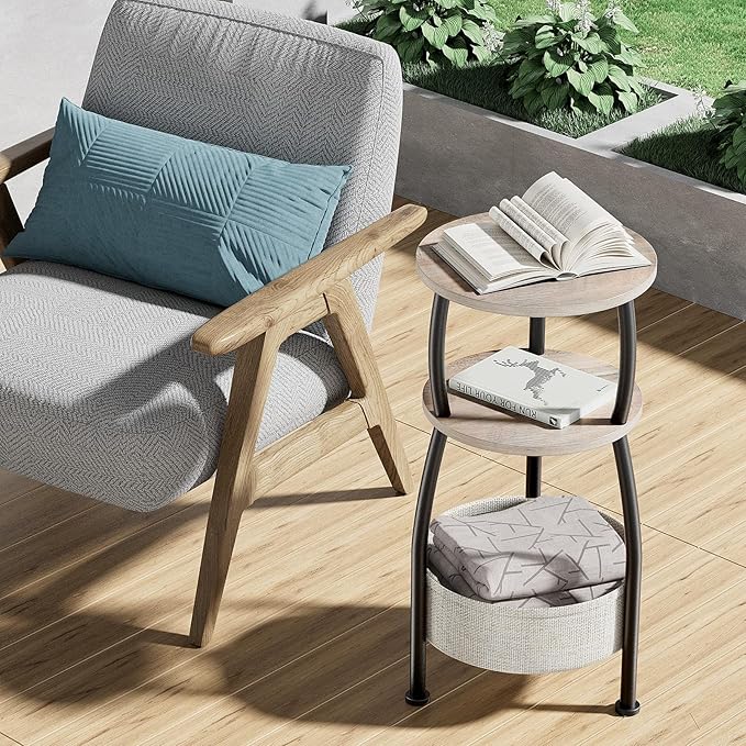 Round Side Table with Storage Basket –Small Space Saving End Table 3-Tier