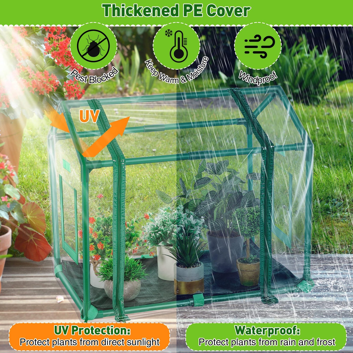 Mini Greenhouse with Potting Mat for Indoor Plant, Heavy Duty Portable Green House with Waterproof Pot Pad for Small Plants, Clear Small Plant Tent for Seed Humidity (Green)