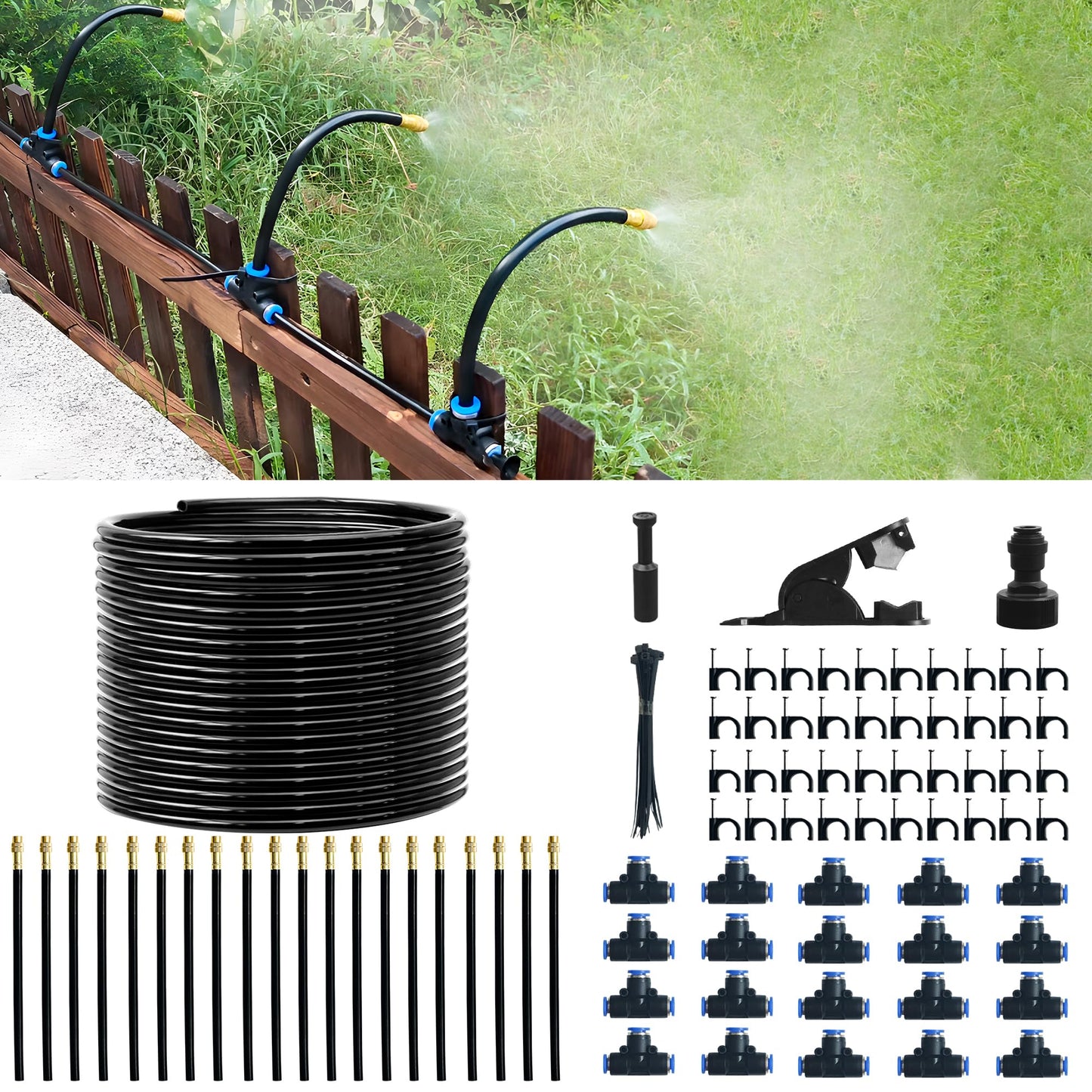 Quibbay 65.6Ft 360° Adjustable Drip Irrigation System Kit, Automatic Garden Watering System with 20 Copper Nozzles, Atomizing Misting Watering System with 360° Bending Dropper for Plant Lawn Patio
