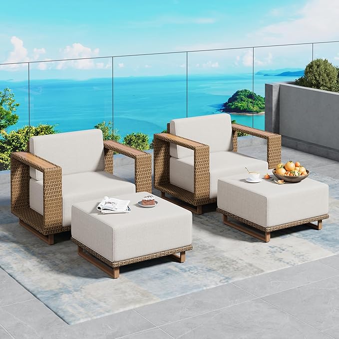 SUNSHINE VALLEY 4 Pieces Patio Furniture Set, Outdoor Rattan Wicker Chairs and