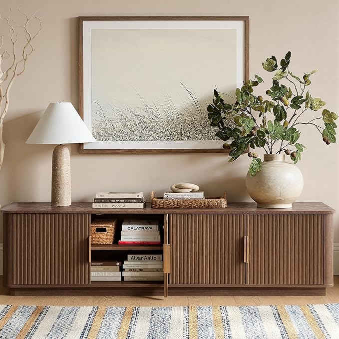 win2win 67" TV Stand for 80 Inch TV, Mid Century Modern Fluted Entertainment