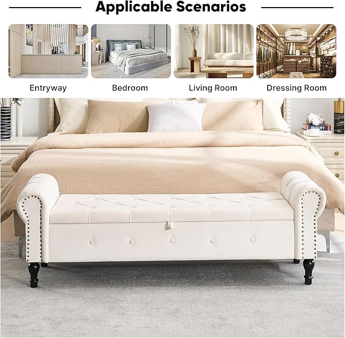 Storage Bench for Bedroom, Velvet 67" End of Bed Bench, King Size Bench