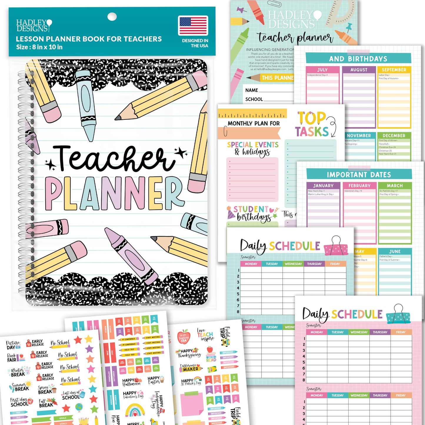 Hadley Designs Teacher Planner 2025-2026 – Lesson Planner Book for Teachers Must Haves, Undated Teacher Planners, Lesson Plan Notebook, Homeschooling Planners, Teachers Appreciation Gifts